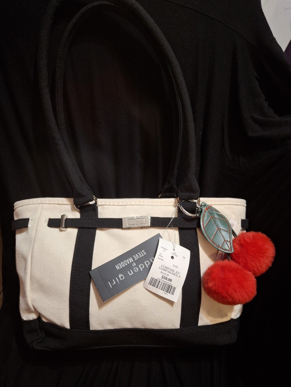 Madden Girl Cream and Black Canvas Tote with Red Pom-Pom Charm